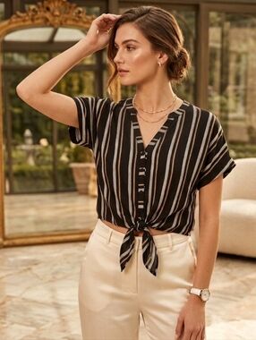 Lavender Field Women's Black Striped Button-Front Tie Hem Shirt Size Medium